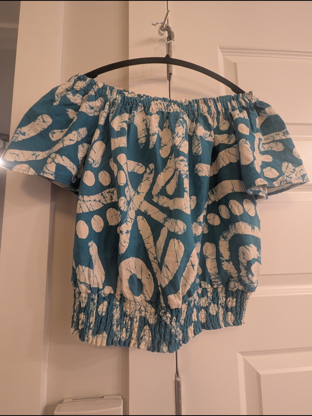 Haute Hippie Teal and Cream Off-Shoulder Abstract Print Crop Top